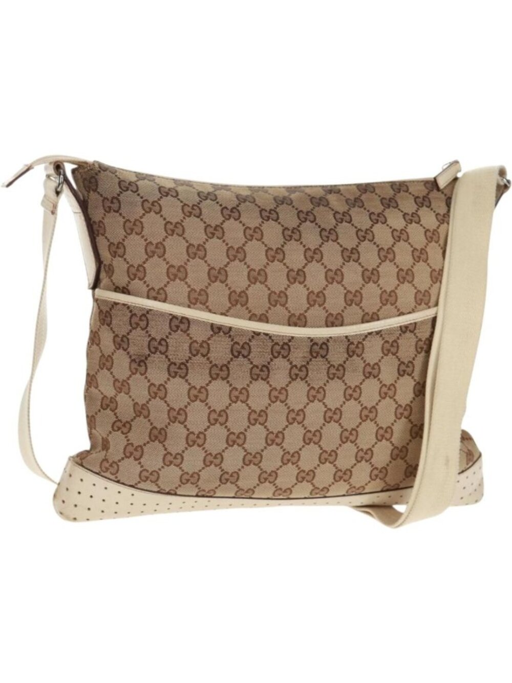GUCCI GG Canvas Shoulder Bag Beige Silver 145856
